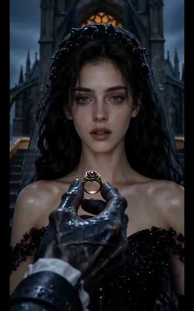 Episode 1 frame: the stolen bride faces the monster's hand offering a ring — the HERO frame, the estate's choice begins