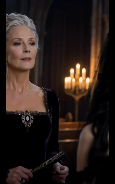 Episode 2 frame: the silver-haired elder in violet gown with pearl necklace and folded fan — the family matriarch