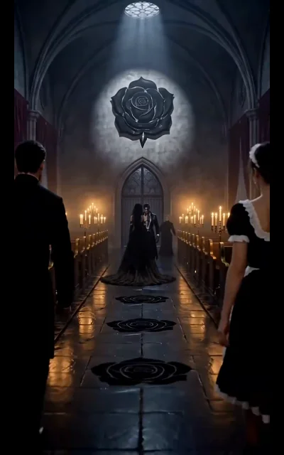 Episode 3 frame: the stolen bride in black veil, a defiant close-up against chapel stonework