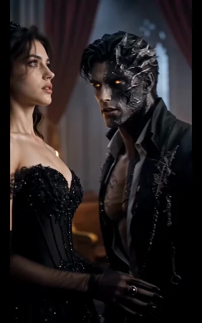 Episode 3 frame: the cursed guardian in monster form beside the bride, a dual close-up of fear and fascination