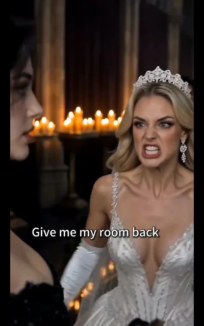 Episode 4 frame: the rival bride confronts the black-haired bride — 'Give me my room back' — territorial tension