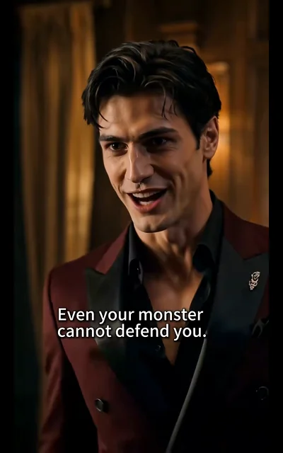 Episode 5 frame: Silas threatens the bride — 'Even your monster cannot defend you.' — the wine-red suit antagonist