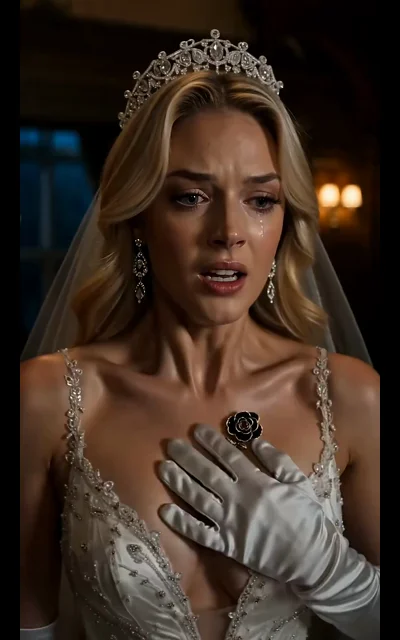 Episode 7 frame: the rival bride in white gown and crown, a shocked close-up — the opposition intensifies