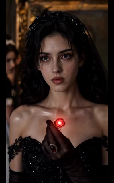 Episode 8 frame: the stolen bride awakens — black veil, glowing rose at her chest, the estate's chosen woman — avatar source