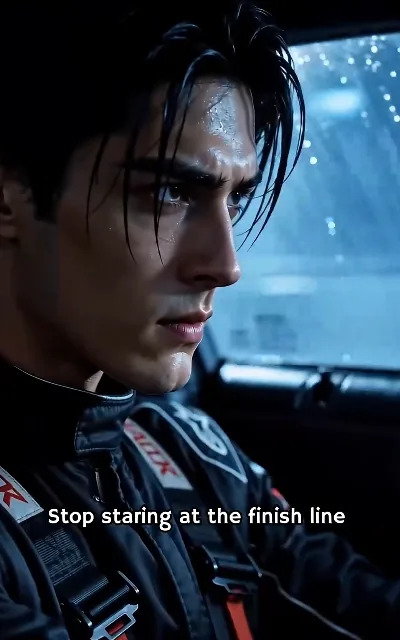 "Stop staring at the finish line" — Cole belted in, rain streaking the glass, the pre-race focus of a man outrunning a memory (ep1, subtitles as aired)