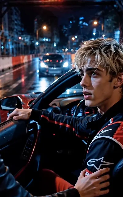 Jesse at the wheel of the open-top racer, rain beading the bodywork, the night street circuit waiting behind him (ep1)