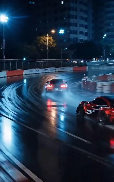 The GT-R mid-drift through the rain-slick corner, tail lights carving the night — the racing played straight, not as backdrop (ep1)