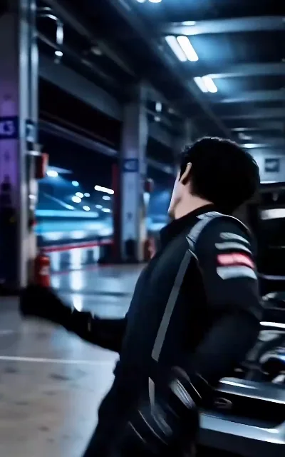 The underground garage — Cole leaning against the silver car, red-white arm stripes, fire equipment glinting in the background (ep2)