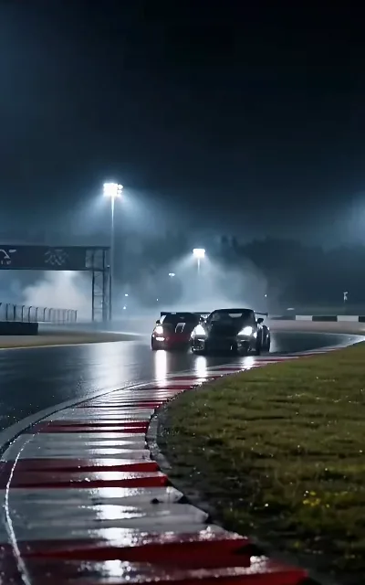 Two cars door to door through the wet corner, headlight beams and tire spray — the track war in one frame (ep3)