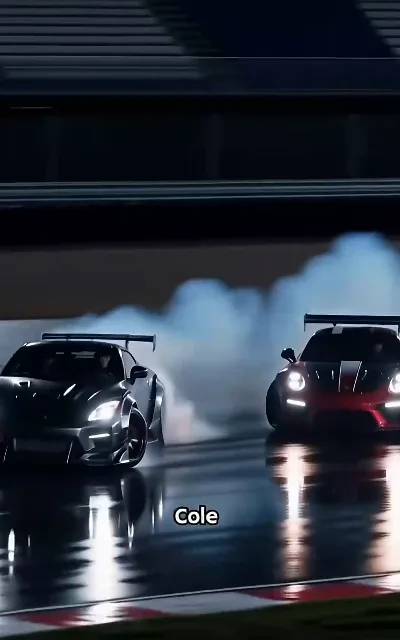 "Cole" — the name card frame, two cars running nose to tail under the floodlights (ep4, subtitles as aired)