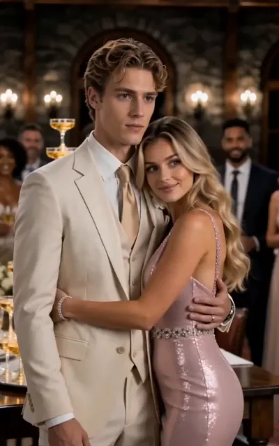 The engagement party - a woman with long golden waves in a glossy pink slip gown leaning her head on the shoulder of a man with light-gold waves in a cream three-piece suit, a champagne tower and warm lamps behind (ep1; celebration beat - the opening couple, names not anchored)