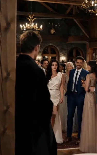 The grand hall - a woman with deep-brown-to-gold waves in an ivory one-shoulder gown with a sculptural floral detail at the shoulder, standing composed at the center of the gathering as guests close in around her (ep1; confrontation beat - the female lead's entrance, ivory-gown visual line)