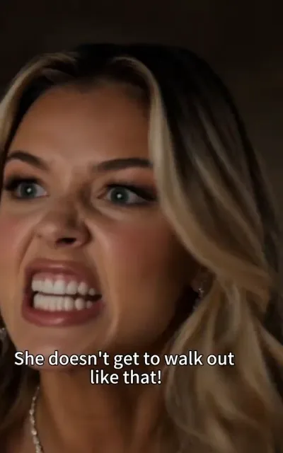The fury - a young woman with dark-rooted honey-blonde waves in full gala makeup, eyes wide and teeth bared in outrage against a dark background, the caption She doesn't get to walk out like that! beneath (ep1; subtitles as aired - the stepsister's outburst per the desc line; identity not anchored)