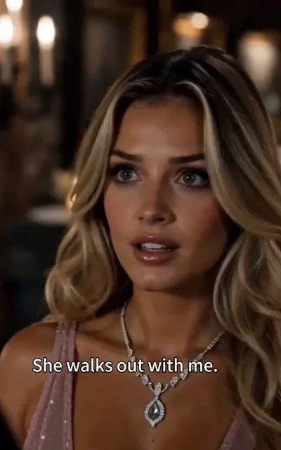 The claim - a young woman with deep-brown-to-gold waves in a pale lilac gown with a teardrop diamond necklace, lips parted in resolve under warm bokeh, the caption She walks out with me. beneath (ep1; subtitles as aired - TOP quote, the title-line exit declaration; the female lead's visual line)
