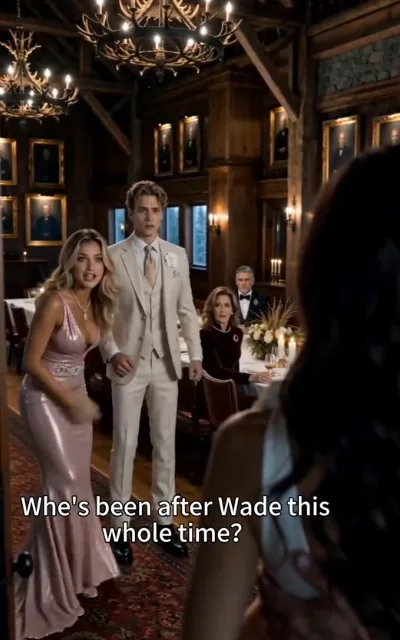 The demand - a golden-haired woman in a glossy pink gown leaning in to press her question across the banquet table, a stunned man in cream beside her, antler chandeliers and gilt portraits overhead (ep2; confrontation beat - the demand scene, caption kept out of the quote cards)