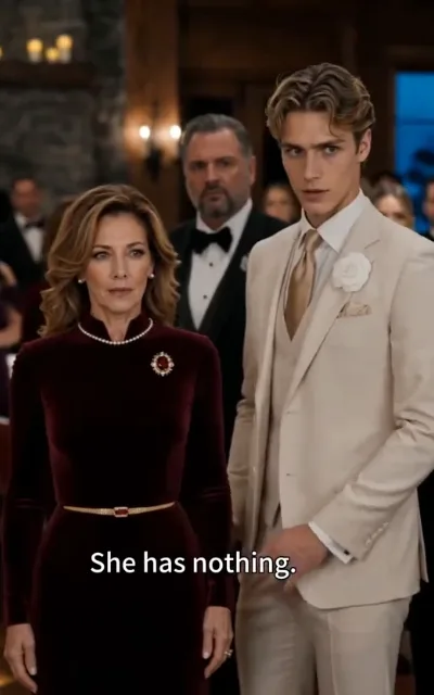 The verdict - a woman in a wine-red velvet gown with a pearl choker and ruby brooch standing cold and formal beside a young man in a cream suit with a camellia boutonniere (ep2; family-pressure beat - the elders' contempt scene, marketing not amplified)