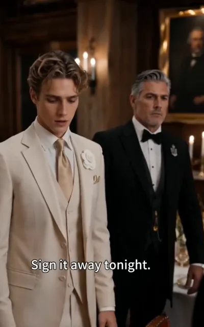 The signing - a silver-haired elder in a black tuxedo standing over a young man in cream who stares down at the papers before him, gilt portraits and candle sconces behind (ep2; family-pressure beat - the coerced-signing scene, marketing not amplified)