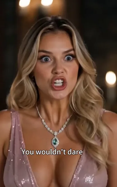 The dare - a young woman with honey-blonde gradient waves in a pink sequin gown, neck taut and eyes blazing against the warm blur, the caption You wouldn't dare beneath (ep2; subtitles as aired - the defiance line, no period as-aired; identity not anchored)