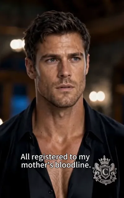 The lineage - a man with dark-brown curls, a fresh cut above one brow and light stubble in an open-collar black shirt, the caption All registered to my mother's bloodline. beneath a family crest of a crowned shield flanked by lions with the name CARTER on its ribbon (ep3; subtitles as aired - the estate-and-lineage line; CARTER-crest in-frame hard evidence for the male lead's surname; avatar source frame)