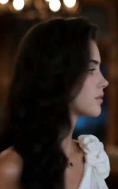 The still - a gently blurred profile of a woman with dark curls in a white off-shoulder gown, an emerald pendant at her throat, warm bokeh floating above (ep3; quiet beat - the female lead's visual line, emerald-pendant accessory line)