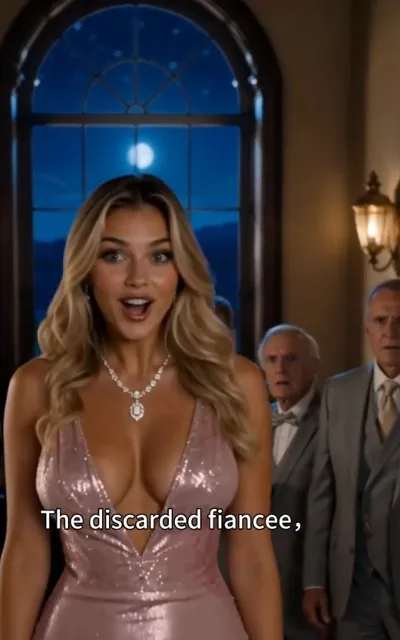 The dismissal - a woman with light-gold waves in a glossy pink gown, eyes wide in shock before a tall arched window with a full moon, two grey-suited elders behind her, the caption The discarded fiancee, beneath (ep4; subtitles as aired - truncated line, no completion supplied; elders unnamed)