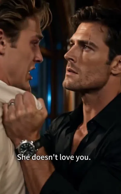 The brothers - a man with dark-brown curls and a thin mark above one brow gripping the collar of a light-gold man whose eyes rim red, faces inches apart in the dim warm light, the caption She doesn't love you. beneath (ep4; subtitles as aired - the brothers' confrontation line; the male lead's open-collar black visual line)
