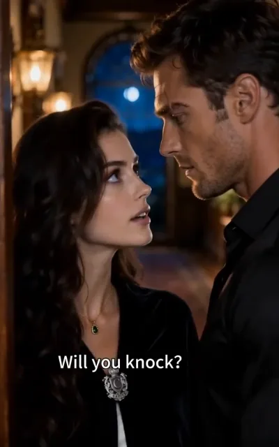 The knock - a man with dark-brown curls and stubble in a black shirt leaning close to a woman with deep-brown-to-gold waves who looks up at him against the door, warm sconce light behind, the caption Will you knock? above a small silver crest with the letter C (ep4; subtitles as aired - HERO frame, the mutual-feelings bridge, both willing; the C-crest corner mark, second in-frame crest evidence)