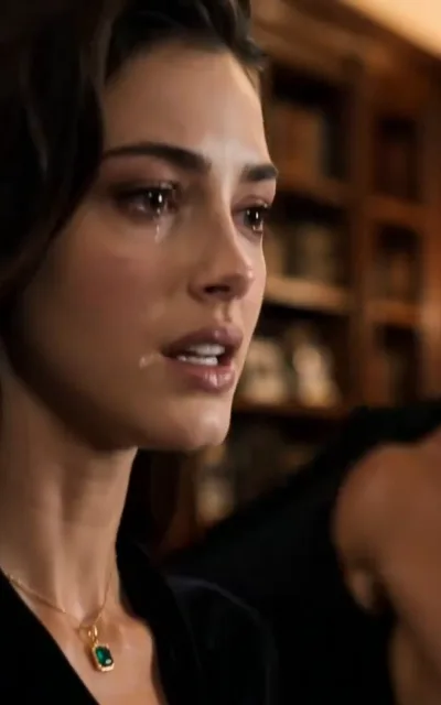 The tear - a close profile of a woman with dark swept-back hair, a tear sliding down her cheek and a gold-set square emerald pendant at her throat, warm bookshelf blur behind (ep5; heartbreak beat - the female lead's emerald-pendant line, the trust-confiding arc)