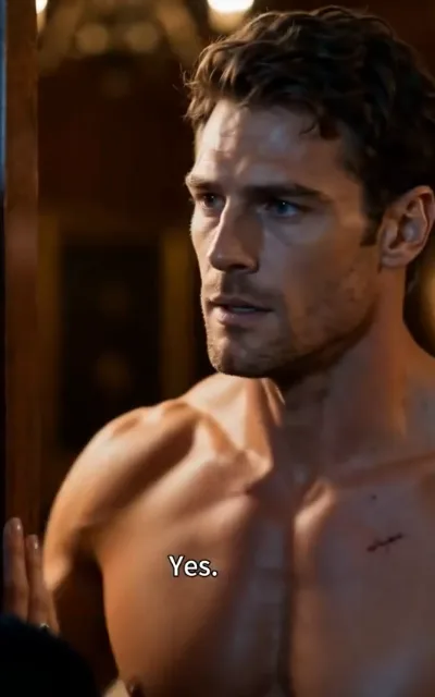 The answer - a bare-chested man with dark-brown curls and a light mark across his chest, gaze fixed toward the door frame where fingertips rest, warm light soft behind (ep5; narrative beat - the answer scene, romance-tension framing not amplified)