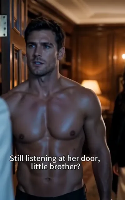 The older brother - a bare-chested man with dark-brown curls and stubble standing at a wooden doorway, warm household lamps behind, the two-line caption Still listening at her door, little brother? beneath (ep5; subtitles as aired - the brothers-structure line that pins the male lead as the elder brother; romance-drama framing not amplified)