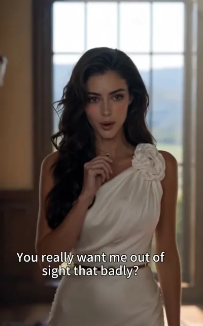 The question - a woman with deep-brown-to-gold waves in an ivory woven one-shoulder gown with a sculptural floral detail and a thin gold belt, facing the camera with parted lips, the caption You really want me out of sight that badly? beneath (ep6; subtitles as aired - the exile-question line; avatar source frame of the female lead, frontal and clean)