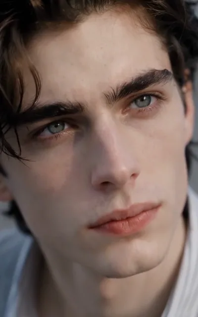 Close-up of Adrian's ice-blue eyes as he looks straight at the camera, guarded and distant