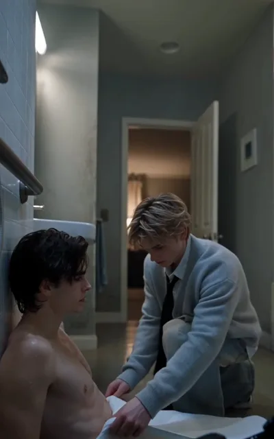 In the bathroom, Noah kneels to help Adrian wash, a quiet moment of care after the accident