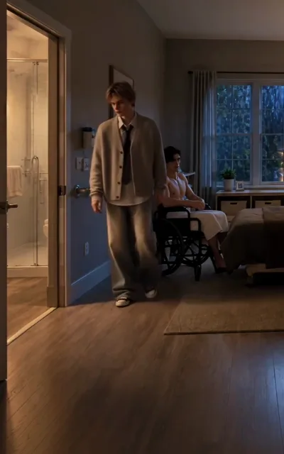 Rain streaks the window as Adrian sits in his wheelchair and Noah steps out of the bathroom