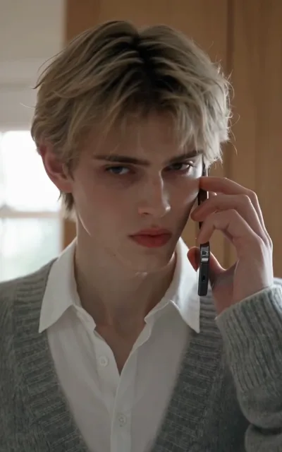 Noah holds an old flip phone to his ear, his eyes cold and distant