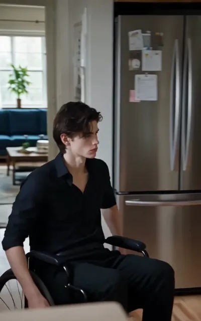 Adrian sits alone in the kitchen, a fridge covered in sticky notes behind him