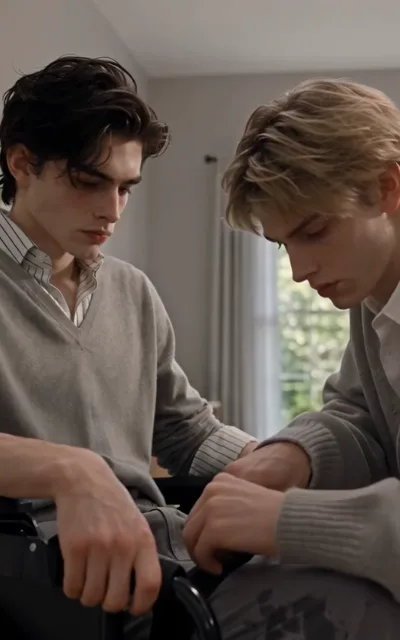 Noah leans in, eyes fixed on Adrian's hand resting on the wheelchair armrest