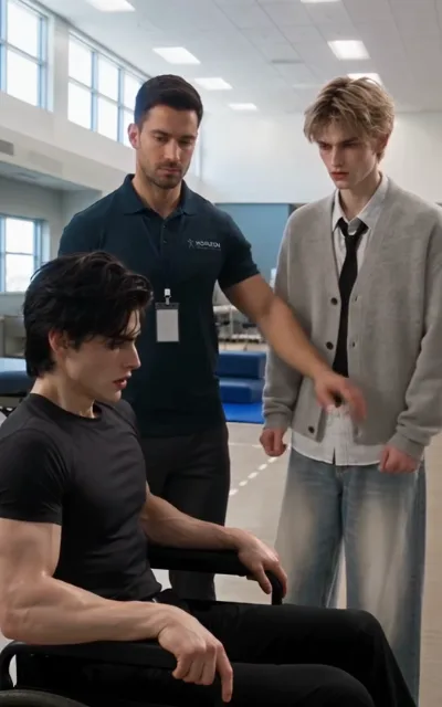 At the rehab center the therapist gestures at Noah while Adrian listens from his wheelchair