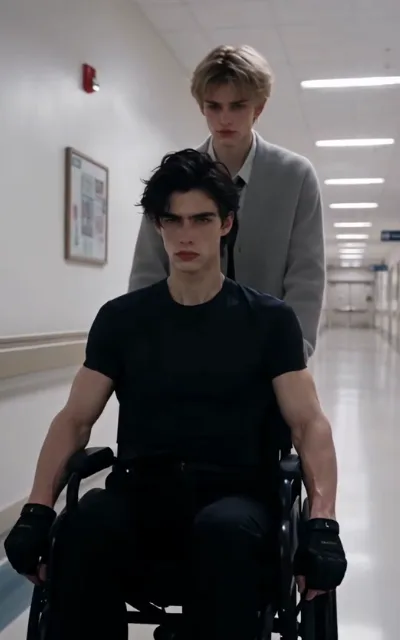 In a hospital corridor Noah pushes Adrian's wheelchair, both staring ahead