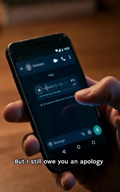 A hand holds a phone playing a voice message, subtitle reads 