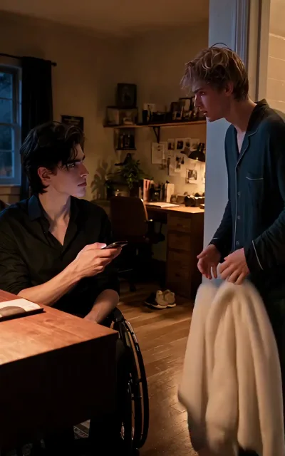 At night Adrian confronts Noah by the desk, Noah frozen in the doorway holding a blanket