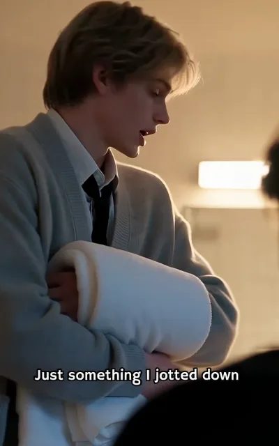 Noah holds a rolled blanket in lamplight, subtitle reads 
