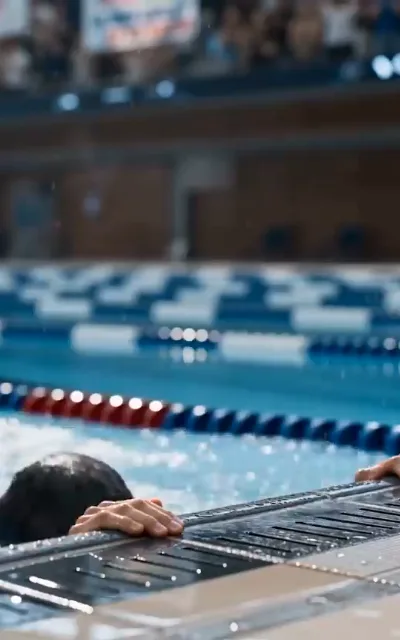 The poolside grip — two hands clamped on the dark non-slip grating at the lane's edge, a wet head half-visible at frame left just off a finished swim, red-white-blue lane rope and clear blue water mid-ground, blurred stands and glass roof beyond (ep1; atmosphere beat — race-recovery frame)