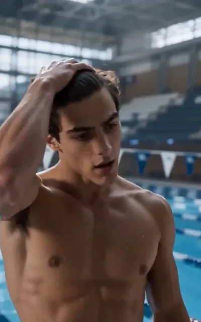 The post-race breath — a dark-curled swimmer shirtless and dripping at the pool deck, right hand raking back his wet hair, chest and shoulders beaded with water, head lowered mid-recovery, blurred lane ropes and the glass-walled hall behind (ep1; atmosphere beat — post-swim frame)