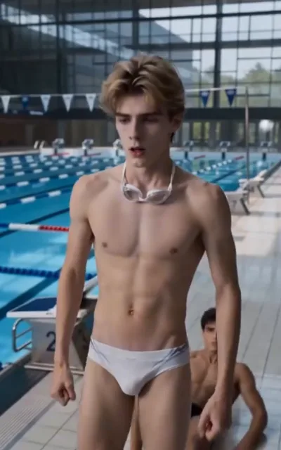 The starting block — a light golden-brown-curled swimmer at the deck in white racing briefs, white goggles at his neck, gaze lowered, numbered starting blocks and blue-white lane ropes behind, a dark-curled teammate seated at frame right, sunlight through the glass wall (ep2; atmosphere beat — deck frame)