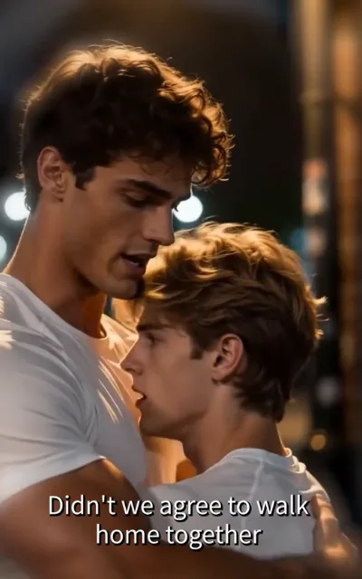 The walk home — on a warm blurred night street, two young men in plain white tees in a close embrace, the taller dark-curled one looking down with lips parted, the light golden-brown-curled one held at his chest, the caption Didn't we agree to walk home together beneath (ep2; subtitles as aired)