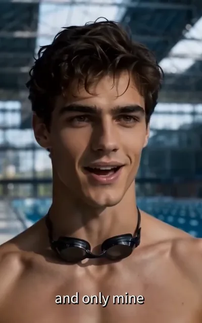 And only mine — a dark-curled young athlete with a healthy tan, laughing mid-word, black racing goggles at his neck, shirtless with clear shoulder lines, the blurred glass roof of the swim hall behind, the caption and only mine beneath (ep2; subtitles as aired — avatar source frame, avatar_remi crop (50,20,350,620))
