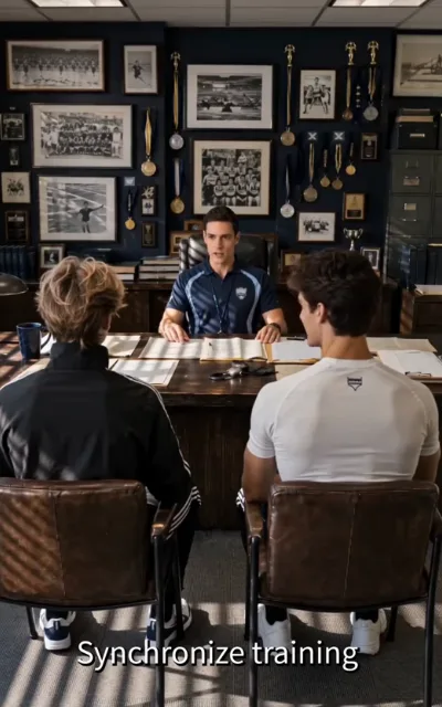 The synchronize talk — in a coach's office hung with team photos, medals and honor boards, a young coach in a navy striped polo with a work lanyard speaks across the desk, two athletes seated facing him from brown leather chairs, the light golden-brown-curled one in a black track jacket, the dark-curled one in a white tee, stopwatch and papers on the desk, the caption Synchronize training beneath (ep5; subtitles as aired)