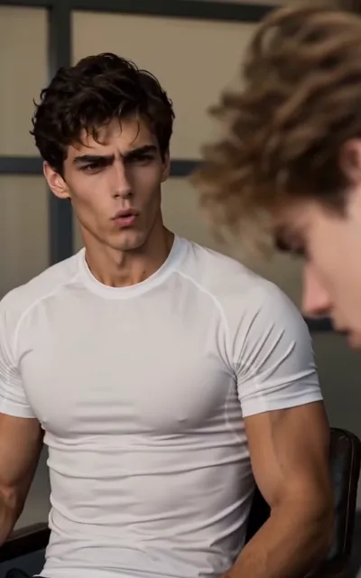 The quiet rival — a dark-curled athlete in a fitted white training tee looking down-right with parted lips and a grave start of surprise, the line of his chest and arm clear under the fabric, a blurred light golden-brown head low at frame right (ep5; atmosphere beat — portrait frame)