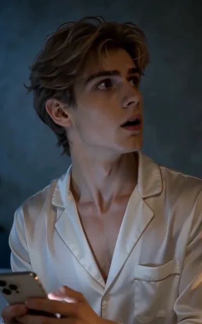 The late-night call — in a dim room against a matte grey-blue wall, a young man with light-streaked golden-brown curls in an ivory silk pajama top, collar open, head turned in wide-eyed surprise, a pale phone glowing in his hand at frame corner (ep6; atmosphere beat — avatar source frame, avatar_julian crop (50,20,350,620))